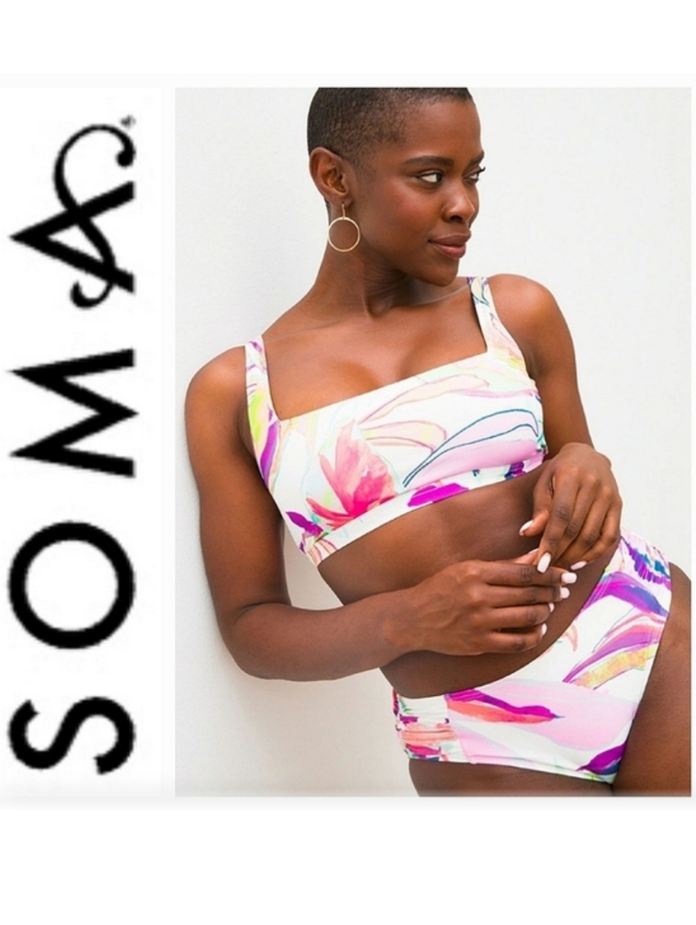 Soma Swim Square Neck Bikini Set White/Pink Multi Splash Sz L